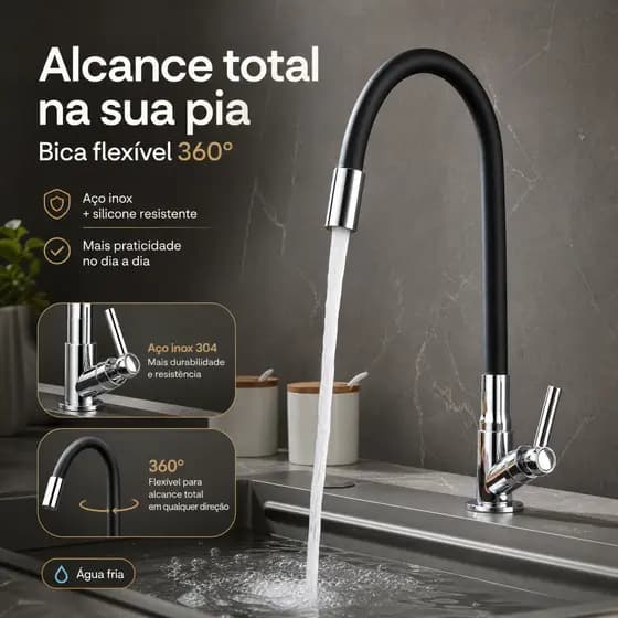 Torneira Cozinha Monocomando Água Fria Preto Fosco Bancada Flexível Giratório 360° Aço Inox Gourmet
