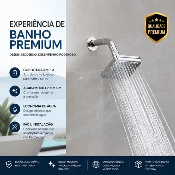 Ducha Quadrada de Parede Alta Pressão - Jato Uniforme, Fácil Limpeza, Acabamento Cromado