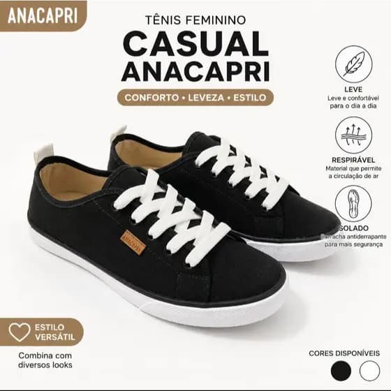 Tênis Feminino Casual AnaCapri Preto Leve Confortável Dia a Dia