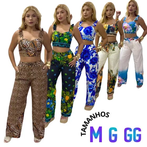 conjunto feminino luxo | calça pantalona e Coppe com bojo | Alça regulagem Estampa FA2026 leve muito bom para usar