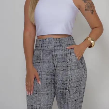 Calça Feminina Skinny Mescla com cinto forrado Cintura Alta tecido jackar
