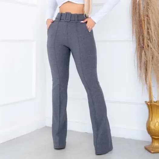 Calça Flare Social Tecido Pop Com Cinto Fixo Cintura Alta Com Elastano