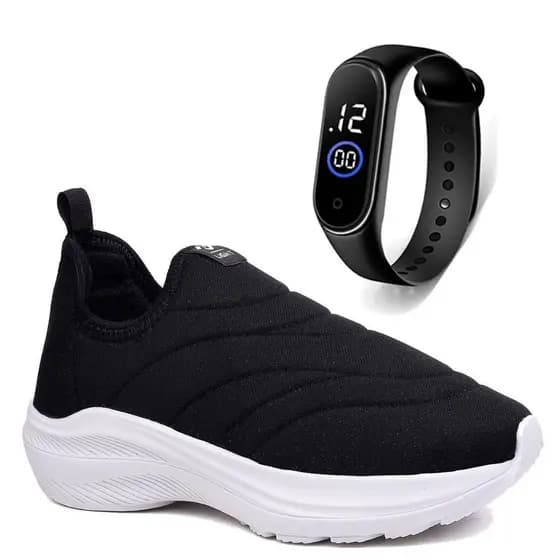 Kit Tenis Infantil Menino e Menina Calce Fácil Preto + Relógio Promoção