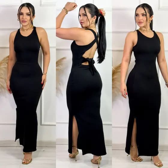 Vestido Feminino Longo Regata com Fendas Laterais – Tecido Anarruga Estiloso e Confortável