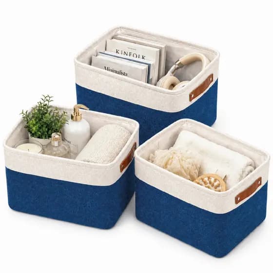 Kit 3 Cesto Organizador Decorativo Linho Dobrável 25,5L com Alça em couro | Azul