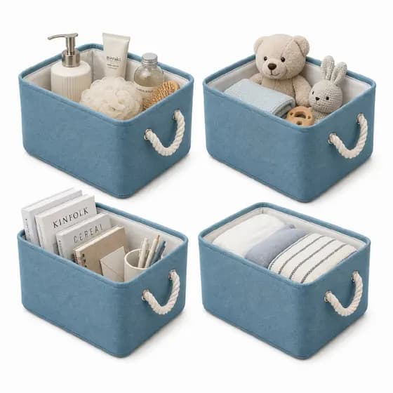 Kit 4 un. Cesto Organizador Decorativo de Linho Dobrável Easy Decor Multiuso com Alças de Algodão | AZUL