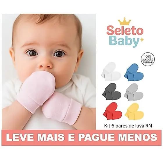 Kit 3 ou 6 Pares Luvas RN Bebê Recém-Nascido 100% Algodão Suedine Cores Neutras