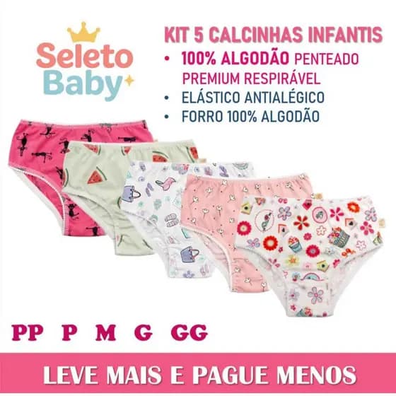 Kit 5 Calcinhas Infantil Menina Bebe 100% Algodão Penteado Premium – Elástico Antialérgico Confortável PP P M G GG