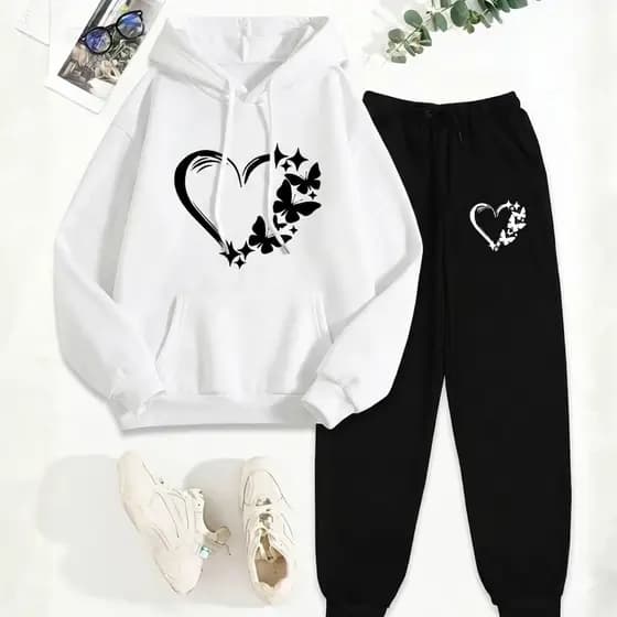 Conjunto Moletom Feminino Moletom Flanelado Com Capuz Cora莽茫o Borboleta e Cal莽a de Moletom Flanelada