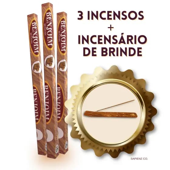 Kit 3 Incensos SAC Benjoim Original + Incensário Grátis - Purificação, Relaxamento e Bem-Estar