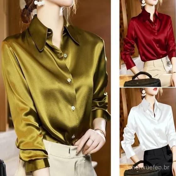 Camisa de Seda Satinada Pesada para Mulheres, Novo Estilo de Outono 2022, Top Ocidental de Alta Qualidade
