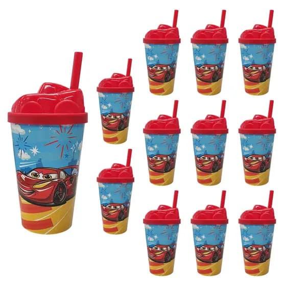 Copo Infantil 12pçs Com Canudo e Tampa Vários Temas Toys 350ml Atóxic Copos Infantis