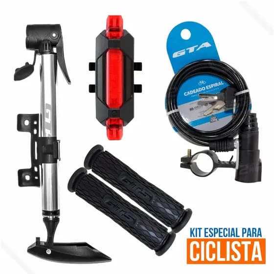 Kit Bike Ciclista Sinalizador Traseiro 5 Leds Usb + Bomba de Ar Mini Pump Gts + Cadeado + Manopla