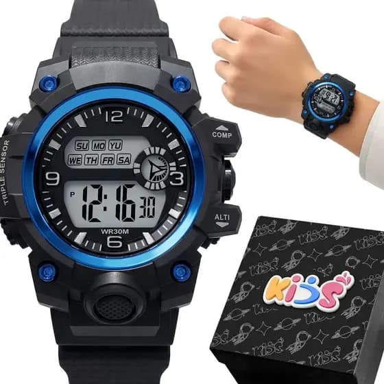 relogio menino infantil digital criança silicone + caixa cronometro preto qualidade premium data