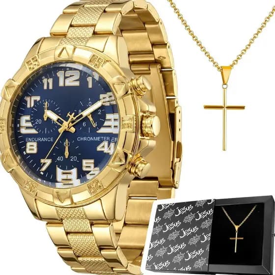 Relogio Aco Banhado Masculino + Caixa + Cordão Crucifixo