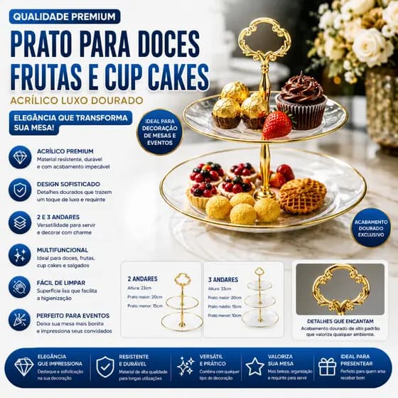 Suporte de Doces e Petiscos de 2 e 3 Andares Decorativa para Mesa Posta, Festas, cha da tarde e eventos