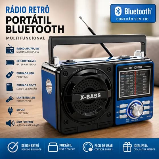 Rádio Retrô Vintage Portátil Bluetooth Recarregável Tomada/Pilha AM FM SW USB SD Pendrive