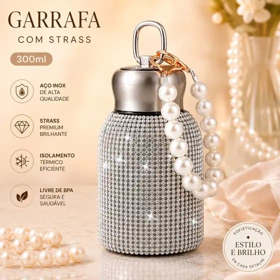 Garrafa Térmica de Aço Inoxidável Com Tampa Pincel Brilho Cravejado Rhinestone CopO Térmica Portátil