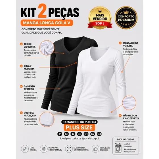 Kit com 2 Blusas Feminina do P ao G2 Plus Size De Manga Longa Segunda Pele