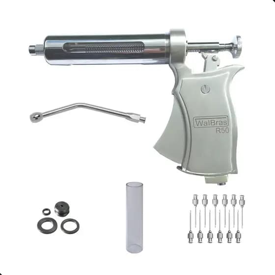 Vacinador Seringa Veterinária tipo Pistola 50ml + Bico Dosador Oral + Maleta + Peças Sobressalentes