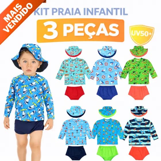 Kit Lote Blusa com Proteção Solar UV50 + Tapa Fralda (sunga) + Chapéu Bebê e Infantil Moda Praia Meninos