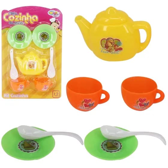 Kit Mini Cozinha Infantil Colorida Com Bule E Xícaras Wellkids 7 Peças Brinquedo Menina e Menino