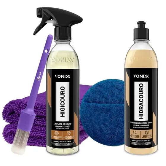 Kit Tratamento p/ Couro Vonixx - Higicouro + Hidracouro + Pincél Macio + Pano Microfibra + Aplicador