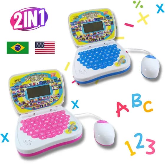 Computador Notebook Laptop Infantil Educativo C/Mouse 2 em 1 Inglês/Português Menino Menina Criança