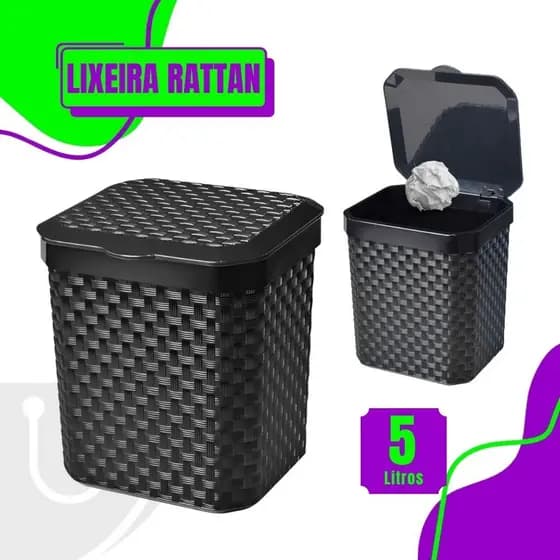 Lixeira Cesto Rattan 5 Litros Preta Com Tampa Cozinha Banheiro Lixeira Pia Muliuso