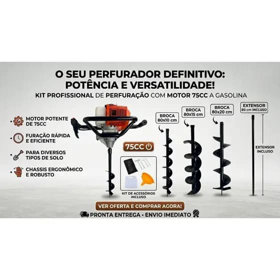 Perfurador de Solo Nakasaki 75cc - Alta Produtividade e Conforto com 3 Brocas