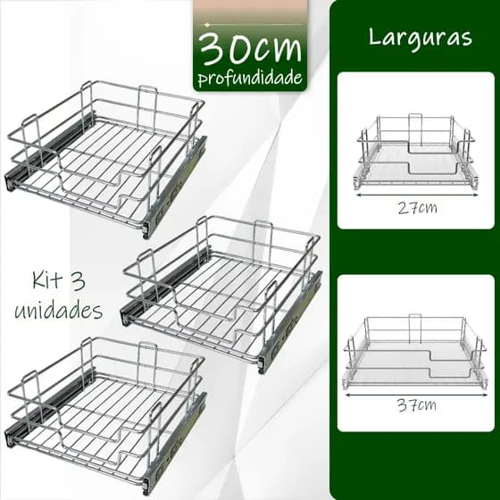03 Gavetas Fruteiras Aramadas Cromadas 30cm de Profundidade