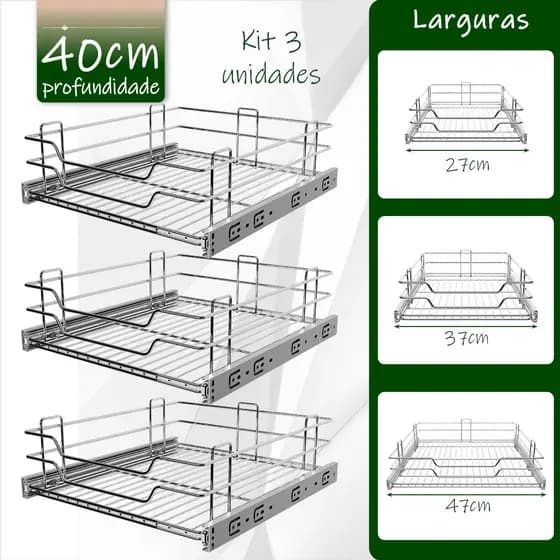 03 Gavetas fruteiras Aramadas Cromadas de 40cm de Profundidade.