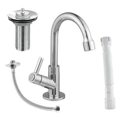 Kit Torneira 1198 Abs + Valvula Pia + Sifão Branco + Engate Inox Flexível Pronto Para Instalação