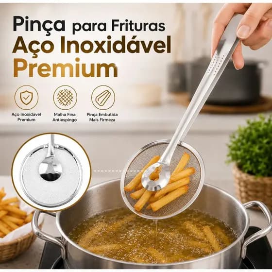 Pinça para Frituras Inox Premium com Peneira Embutida Anti Óleo
