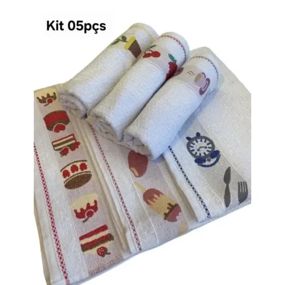 Kit com 05 Panos de Copa Prato Atoalhados 100% Algodão Cozinha Grande Toalha de Louça