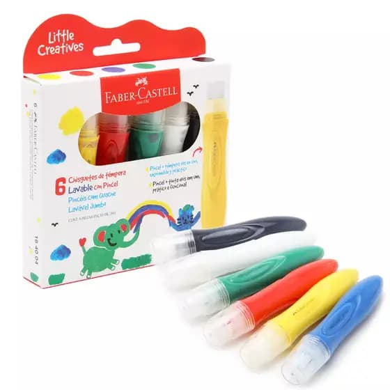 KIT TINTA GUACHE LITTLE CREATIVES COM PINCEL 6 CORES ATÓXICA ESCOLAR