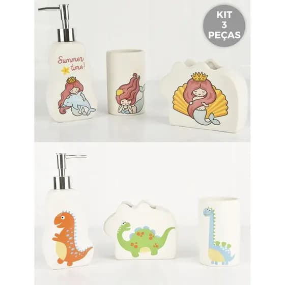 Kit de Banheiro Infantil com 3 Peças Cerâmica Seanite Saboneteira Dispenser Porta Escova Dino Sereia