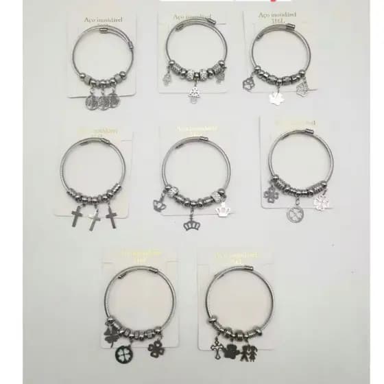 Aço Pulseiras Pingente Feminina com Berloques Prata Aço inoxidável