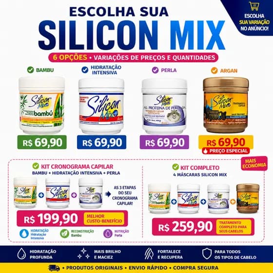 Escolha Máscara Capilar Silicon Mix, Bambu, Hidratação Intensiva, Argam, Perla Cronograma Capilar