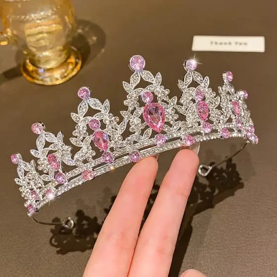 Tiara de Princesa ROSA E PRATA com Strass - Coroa de Rainha Barroca para Aniversário, Casamento, Baile de Formatura