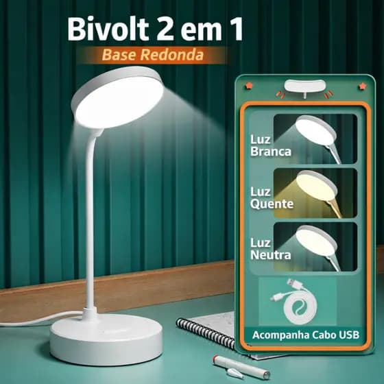 Luminária LED de Mesa USB 3 Modos de Luz Ajustável Flexível Abajur para Estudo Leitura Quarto Escritório