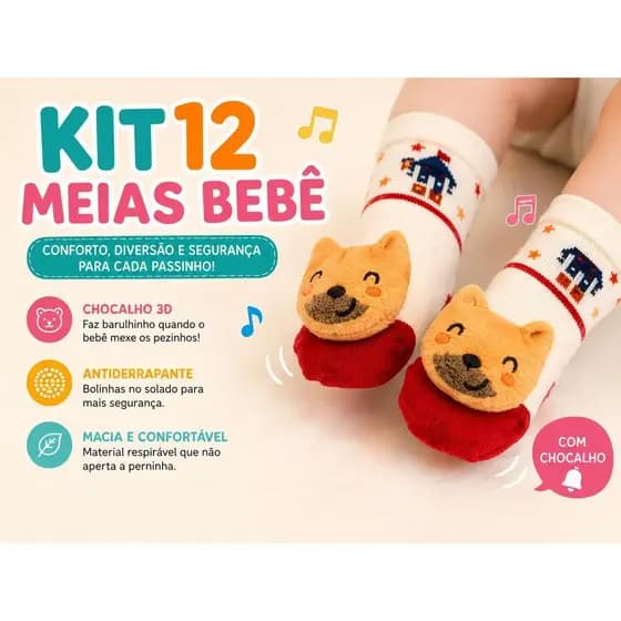 Kit 9, 6 ou 3 Pares de Meias para Bebê Menino ou Menina com Chocalho e Pelúcia Antiderrapante Macia e Confortável 0-24 M