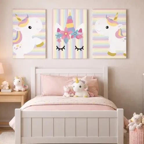 kit Quadros Decorativos Unicórnio 3 Peças 20x30cm Quarto Bebê Menina Infantil Parede IMAGEM FULL HD