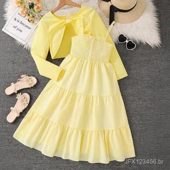 Conjunto para Meninas de 8-12 Anos, Vestido Floral com Suspensórios e Casaco de Manga Longa