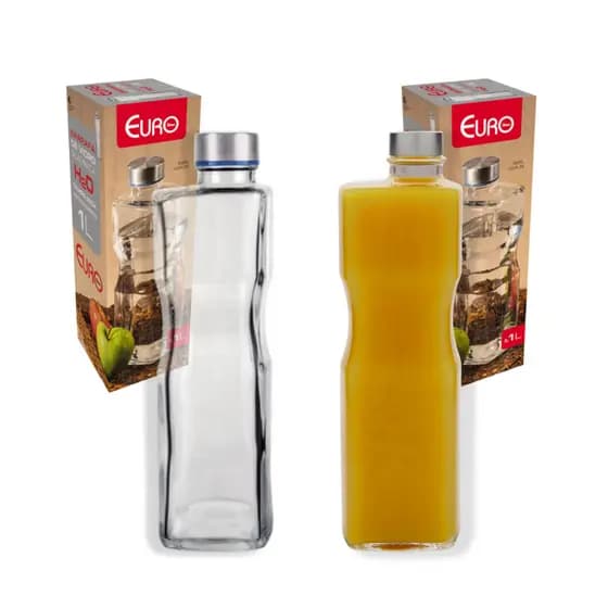 Kit 2 Garrafas De Vidro H2O 1L Quadrada EURO Suco Fitness