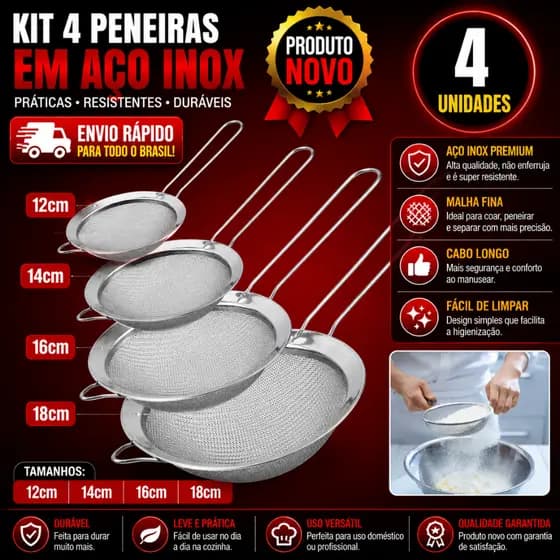 Conj 4 3 e 2 Peneira Coador de100% Aço Inox 20c 18c 16c14c12 Resistente para Cozinha Restaurante