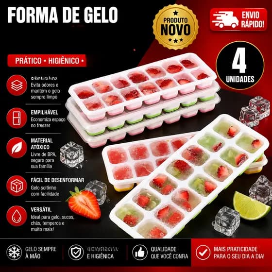 Conjunto 4 e 2 Formas de Gelo 20,5 cm Silicone 14 Cubos Alimentos Frutas Papinha Sem tampa
