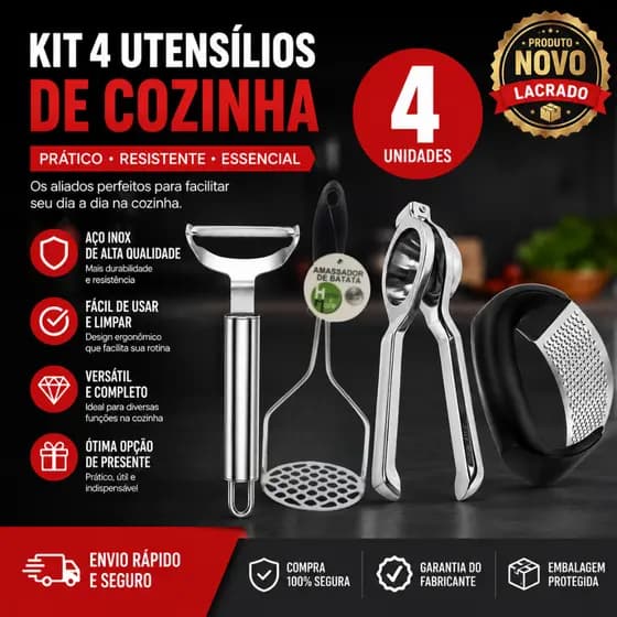 Conj 4 Descascador Legumes Amassador de Batatas Espremedor Limão e Alho Aço Inox para Restaurante