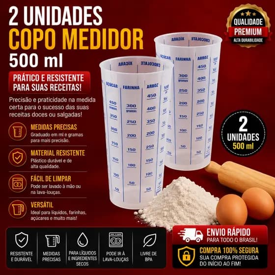 2 Unidades de Copo Medidor de Plástico 500ml Para Suas Receitas Prático e Resistente Para Receitas