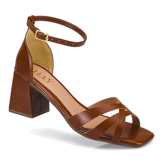 Sandália Feminina Salto Bloco 7cm Tiras Cruzadas Napa Confortável Elegante Casual Social Festa